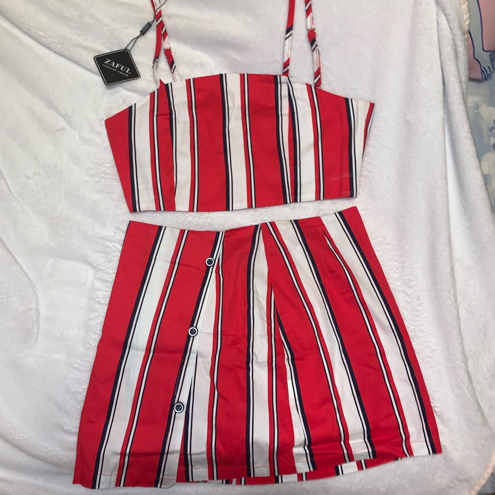 Zaful striped top and side buttoned skirt set